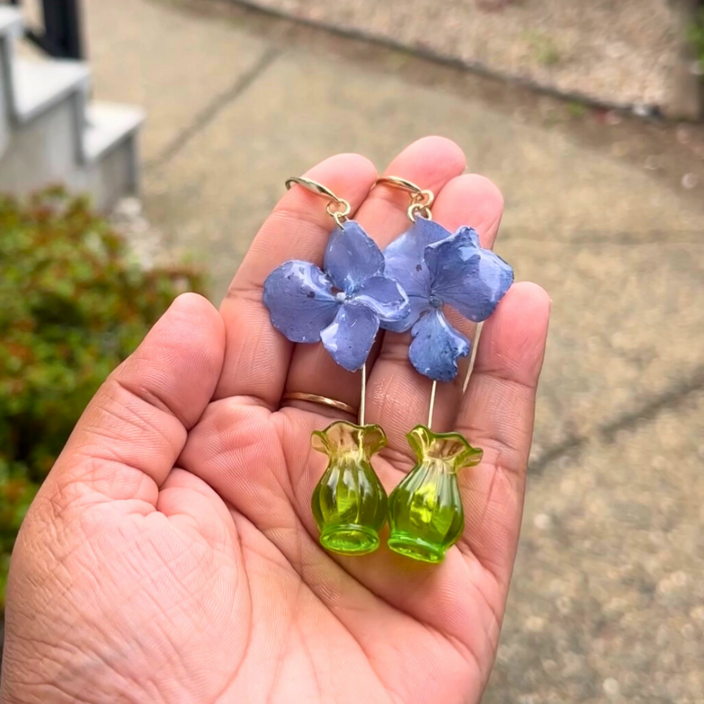 Hydrangea Earrings with tiny vase