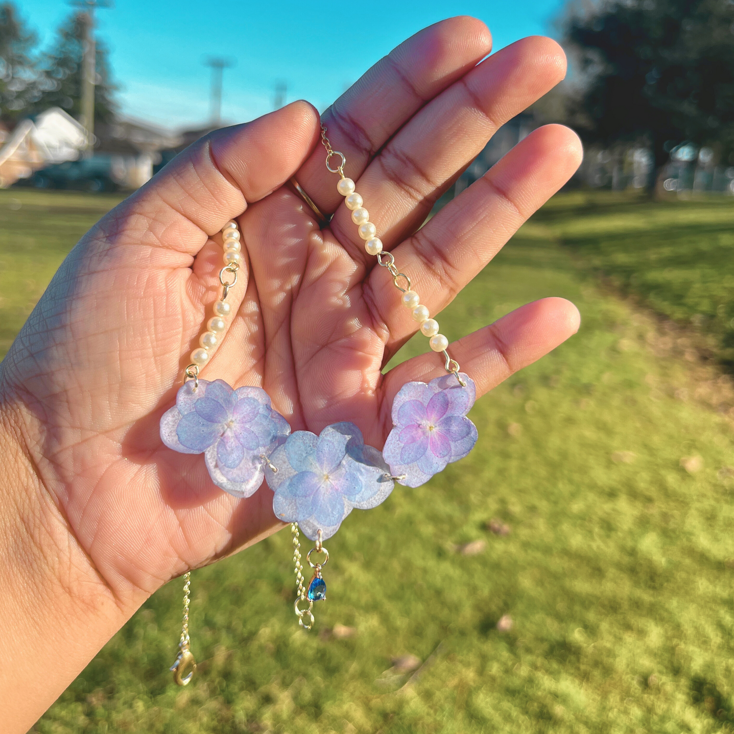 Real Hydrangeas Necklace with Pearls