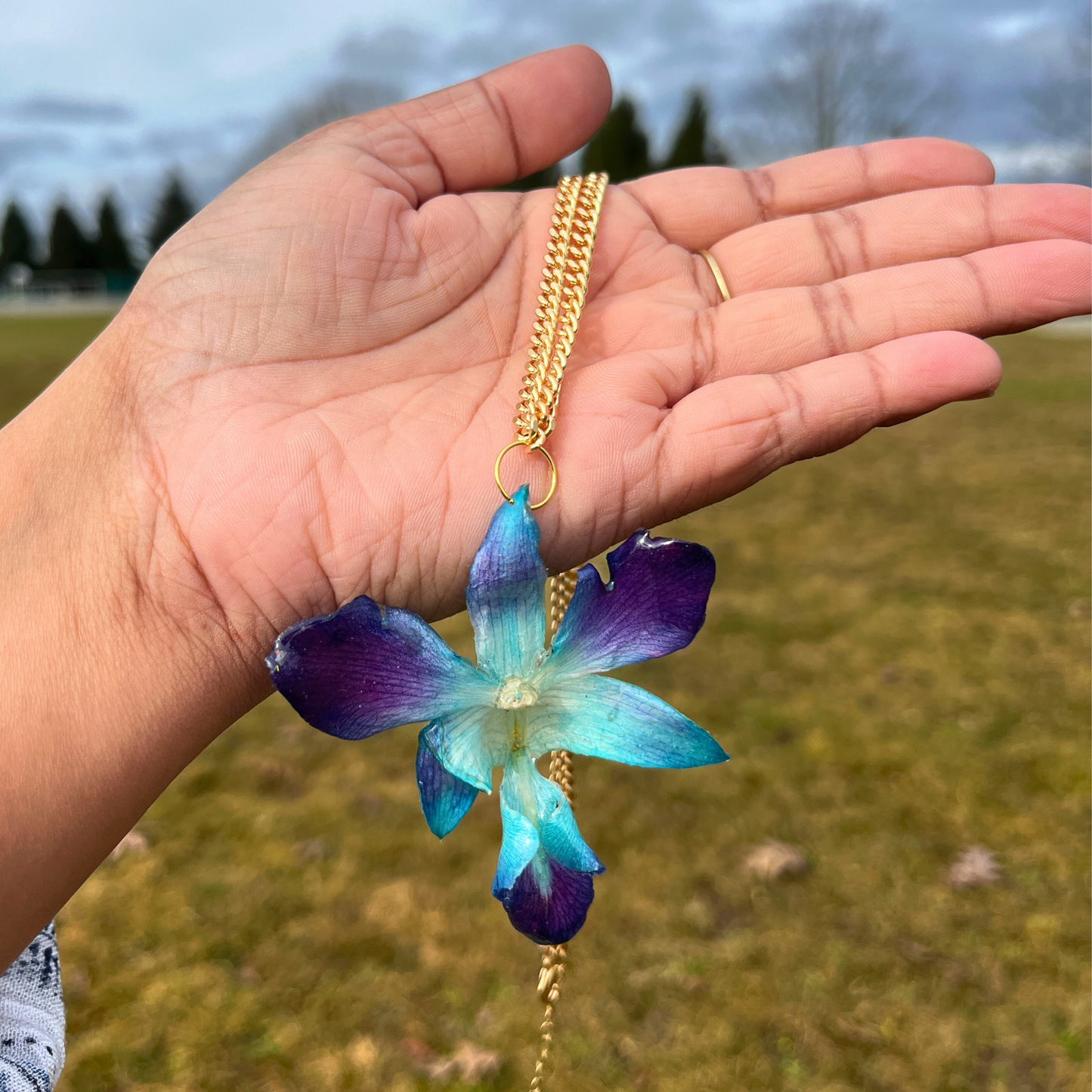 Blue Purple Real Orchid Necklace