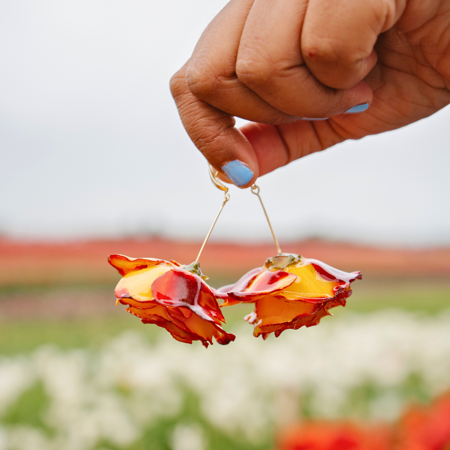 Yellow red rose dangle earrings