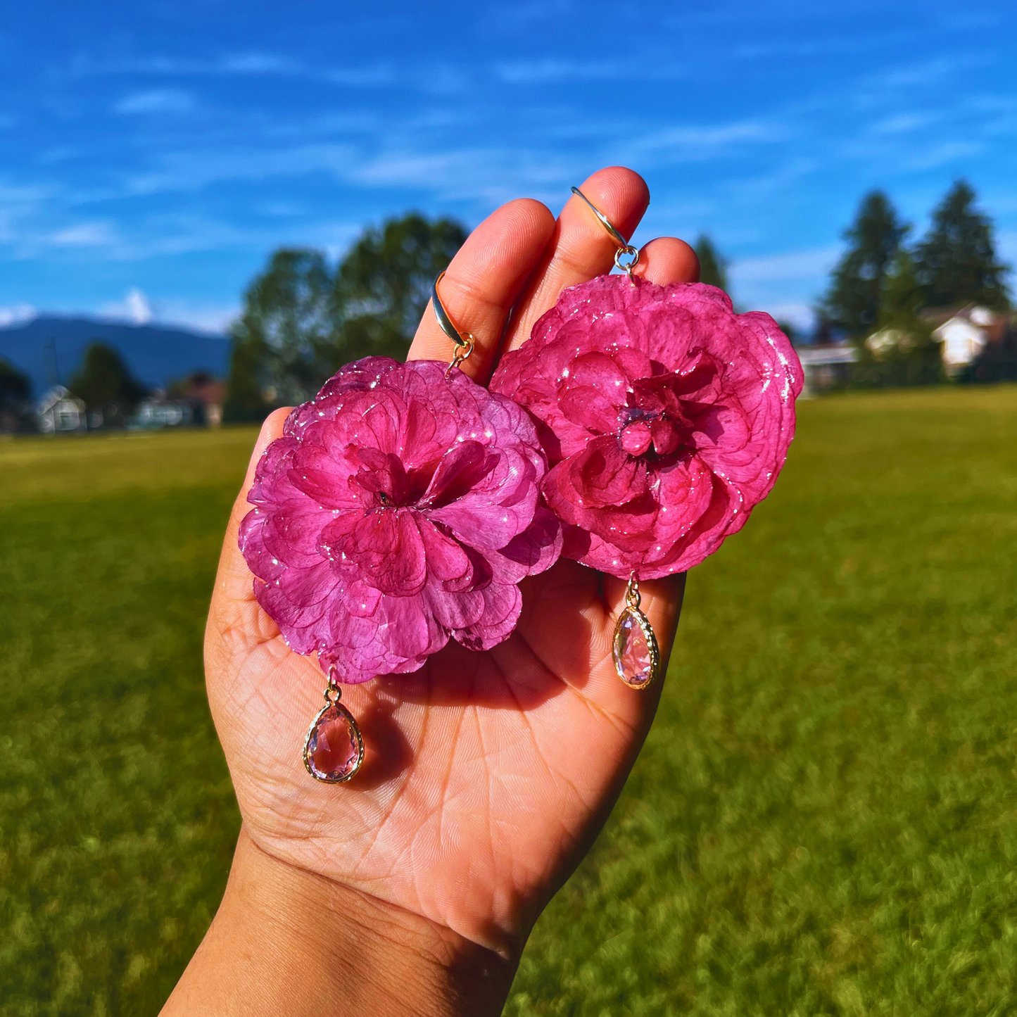 Ranunculus Earrings with Pink Charm
