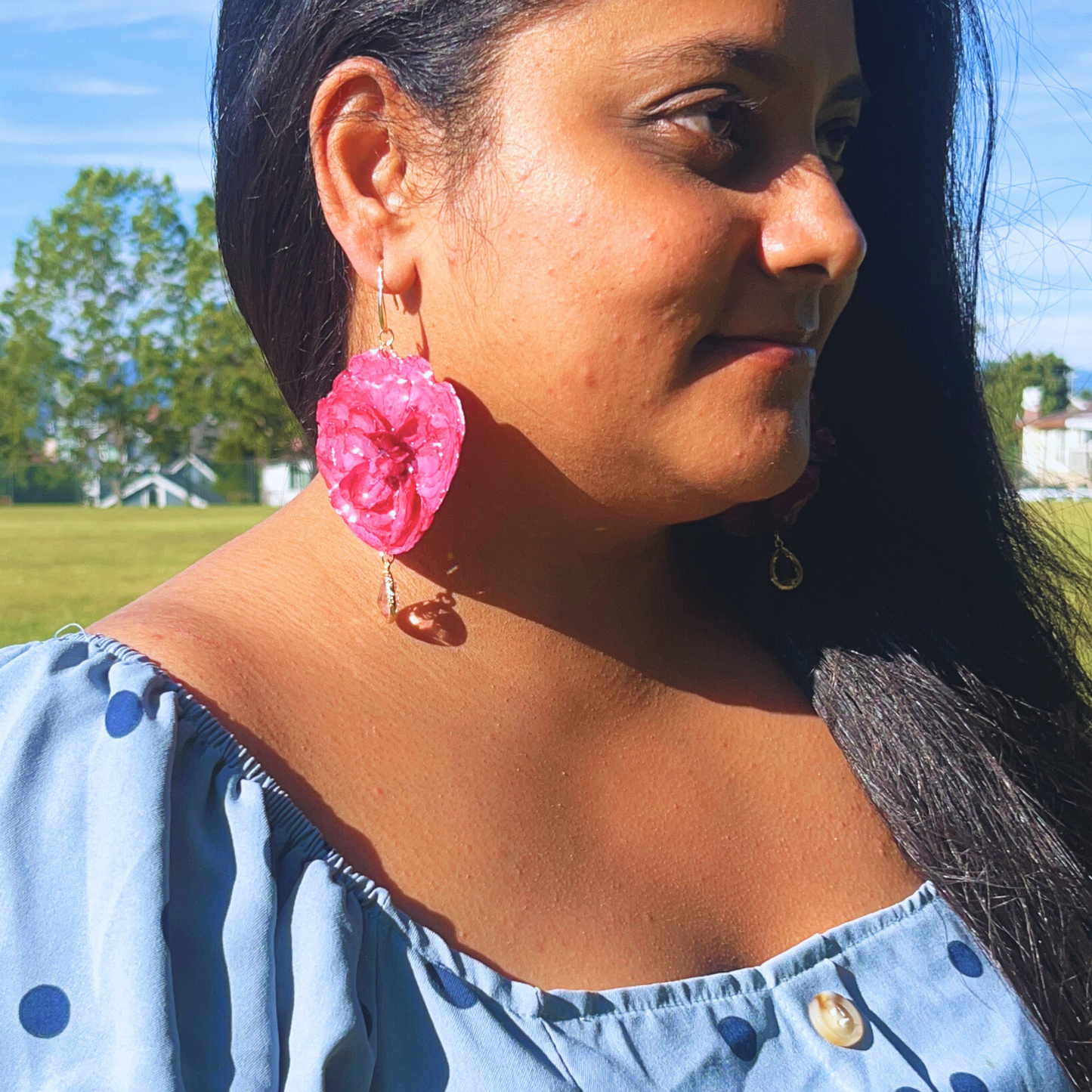 Ranunculus Earrings with Pink Charm