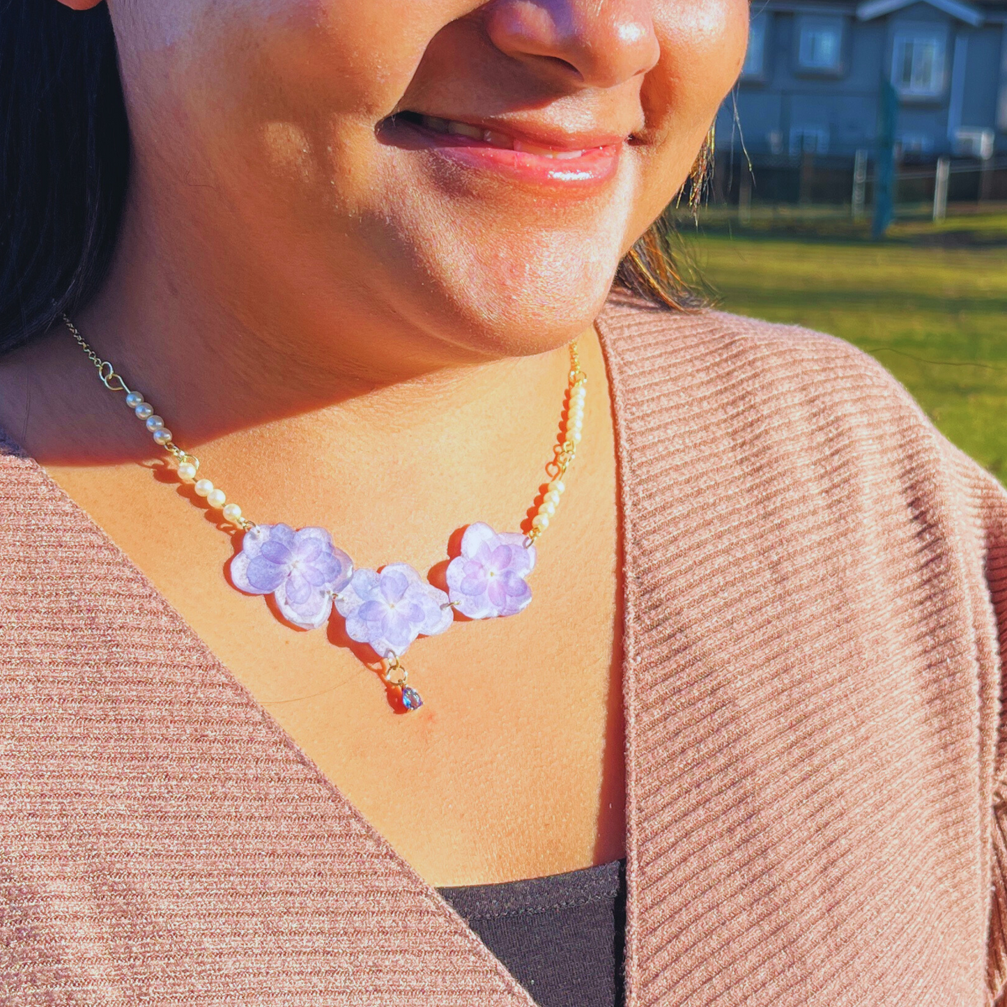 Real Hydrangeas Necklace with Pearls