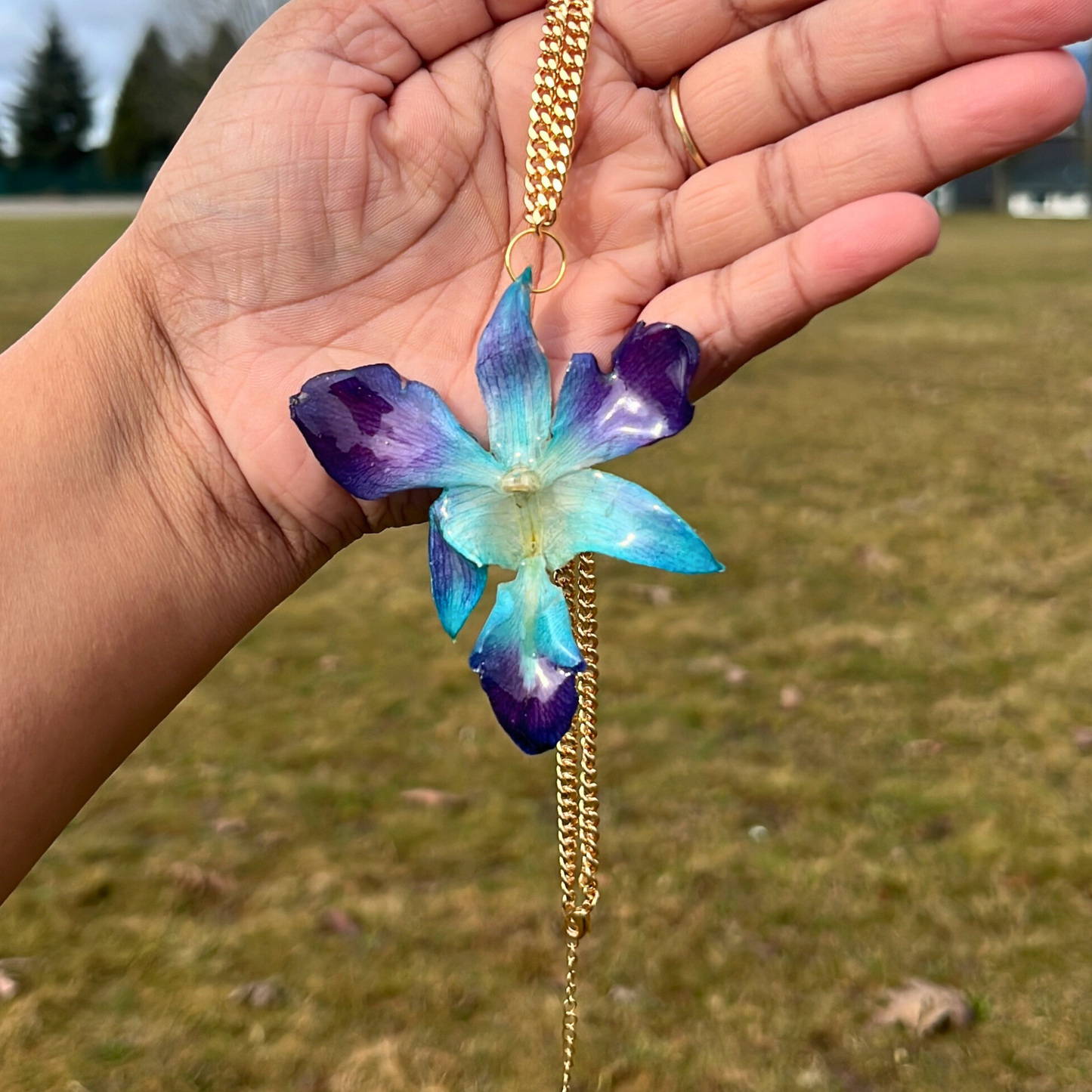 Blue Purple Real Orchid Necklace