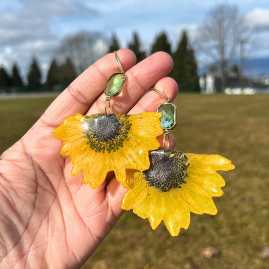 Half Sunflower Earrings with Green Charm